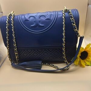 Tory Burch Blue Quilted Leather Chain Shoulder Bag | Gold Hardware | Tassel